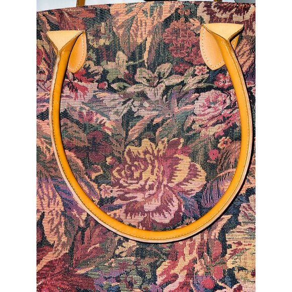 Floral Tapestry Tote Bag With Leather Handles Talbots Large Interior Pocket Zip - Picture 7 of 10